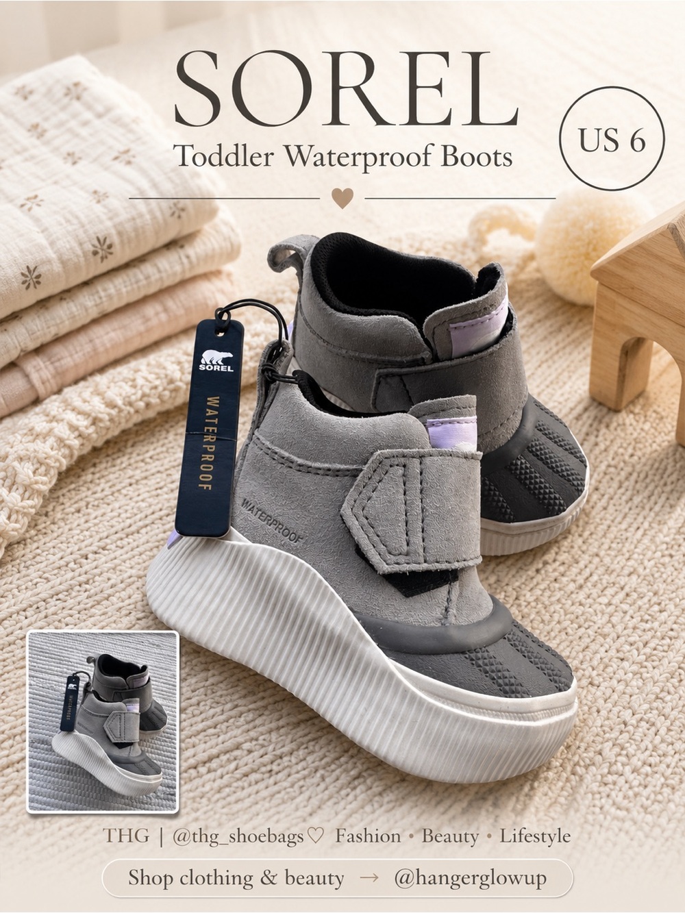 Sorel Toddler Waterproof Boots Grey Suede Hook & Loop Winter Boots Size 6 NWT